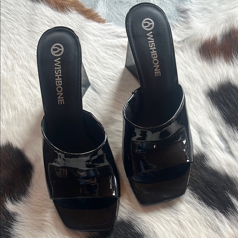 WishBone Black Patent Mules with Stacked Heel